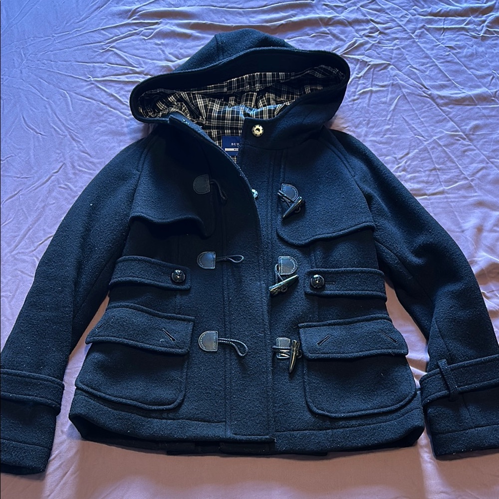 Burberry Navy Toggle Coat with Plaid Lining